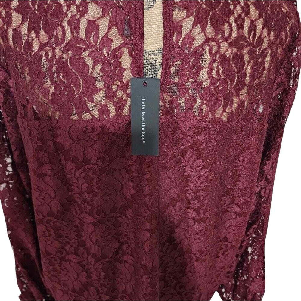 Cable & Gauge Burgundy Lace Mock Neck Long Sleeve Blouse Elegant Romantic 3X New - Picture 6 of 8